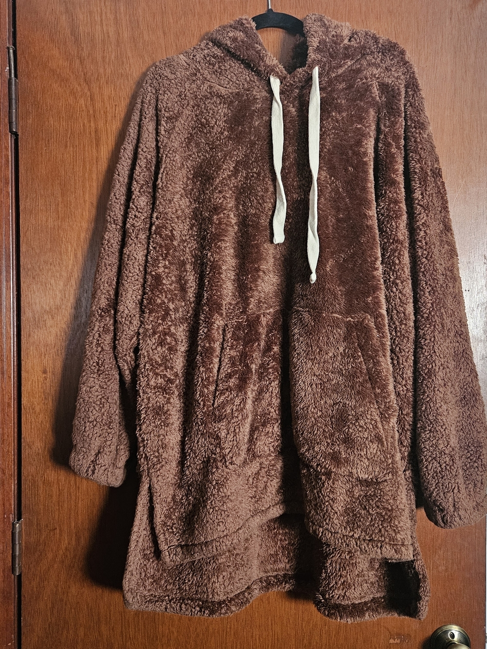 Zenana Outfitters Plush Pullover Hoodie - Brown with Cream Drawstrings